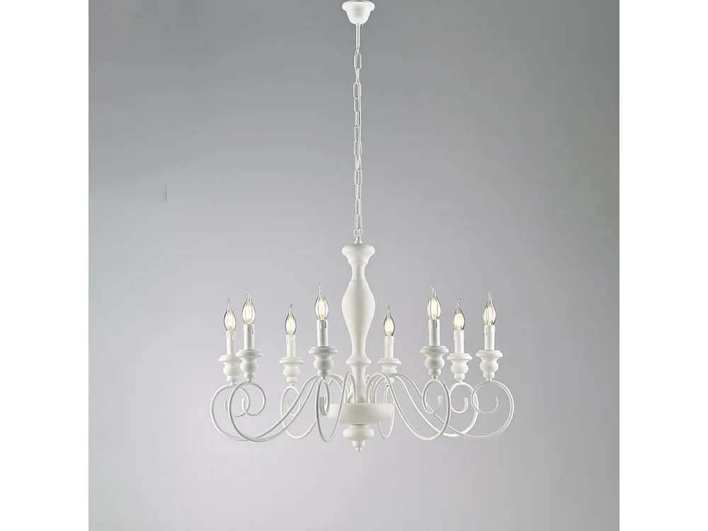 Lustre Cascina em madeira e ferro lacado branco gasto 8 luzes 121 Ø82 BL265-8-BCO