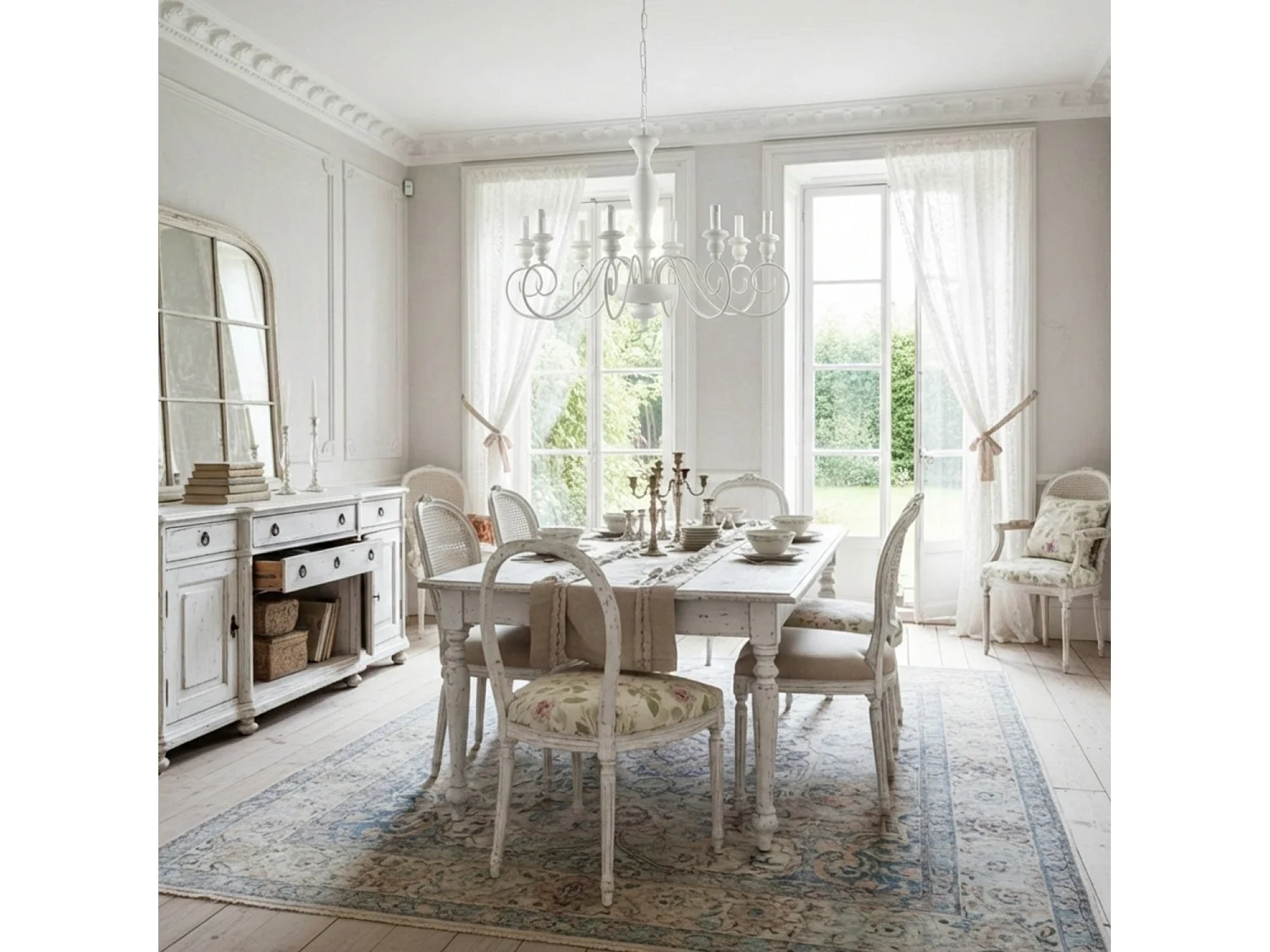 Lustre Cascina em madeira e ferro lacado branco gasto 8 luzes 121 Ø82 BL265-8-BCO