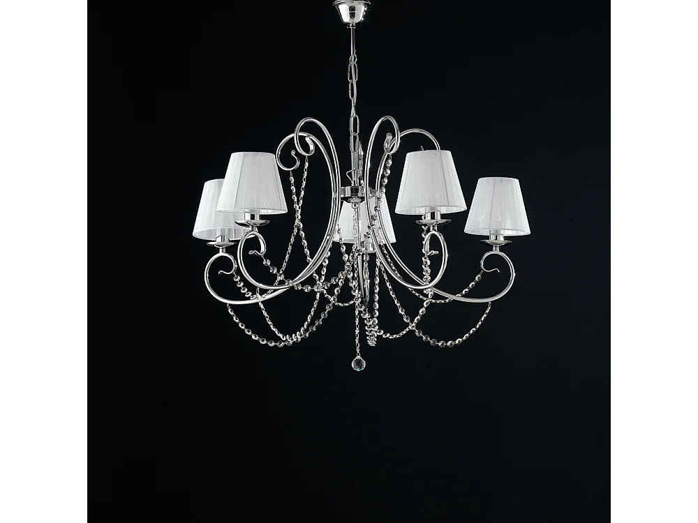 Lampadario Shabby Chic Magda Metallo E Cristallo Cromo 5 Luci E14 Con Paralume