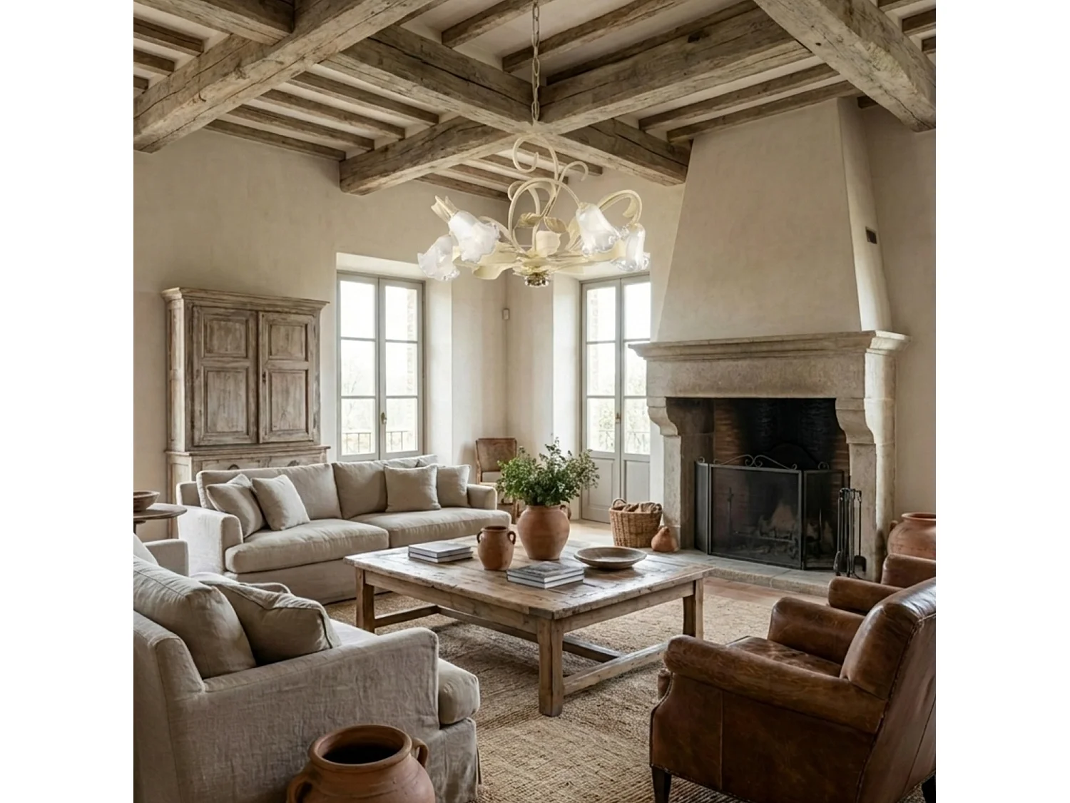 Cesto - Kronleuchter aus elfenbeinfarben gebeiztem und lackiertem Eisen, 5 Lichter 142 - Ø65 - BL274-5-AV