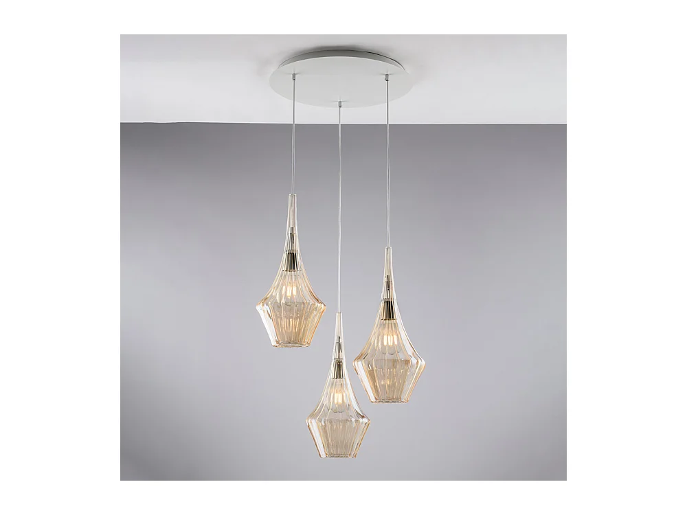Zeus Suspension en fer avec verre pyrex ambré 3 lumières 149 d.50 BL270-S3-AM