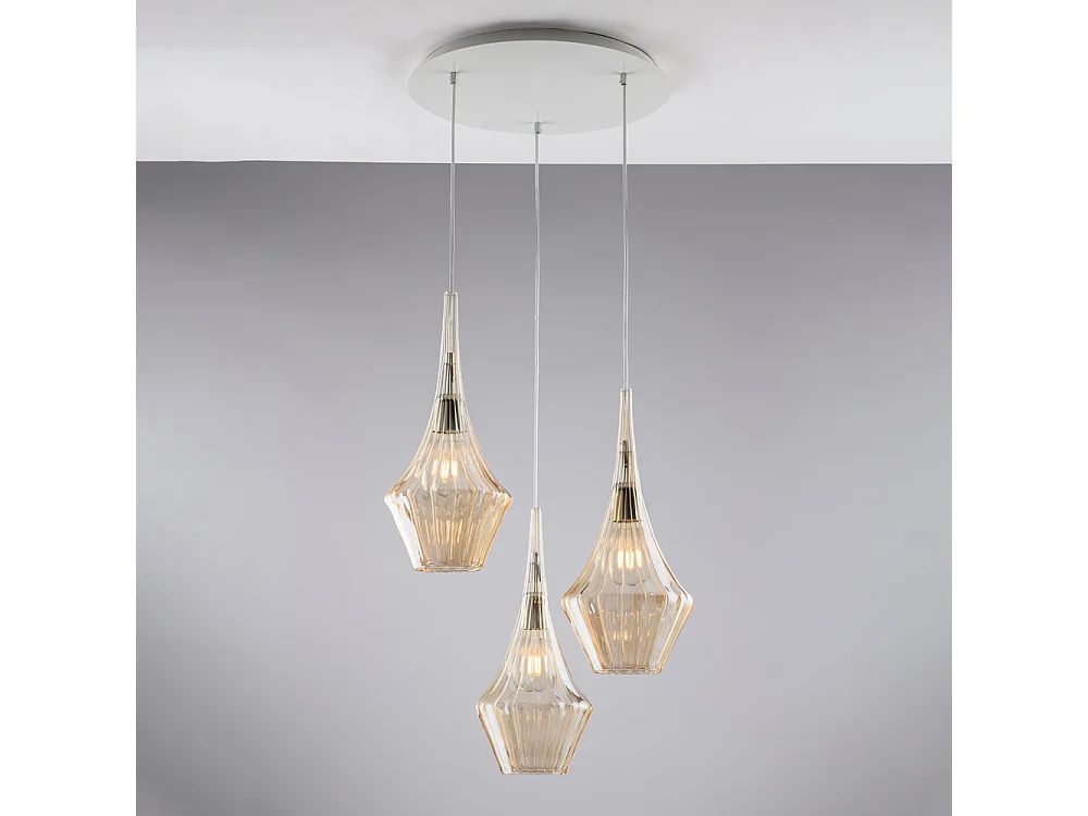 Zeus Iron suspension with amber pyrex glass 3 lights 149 Ø50 BL270-S3-AM