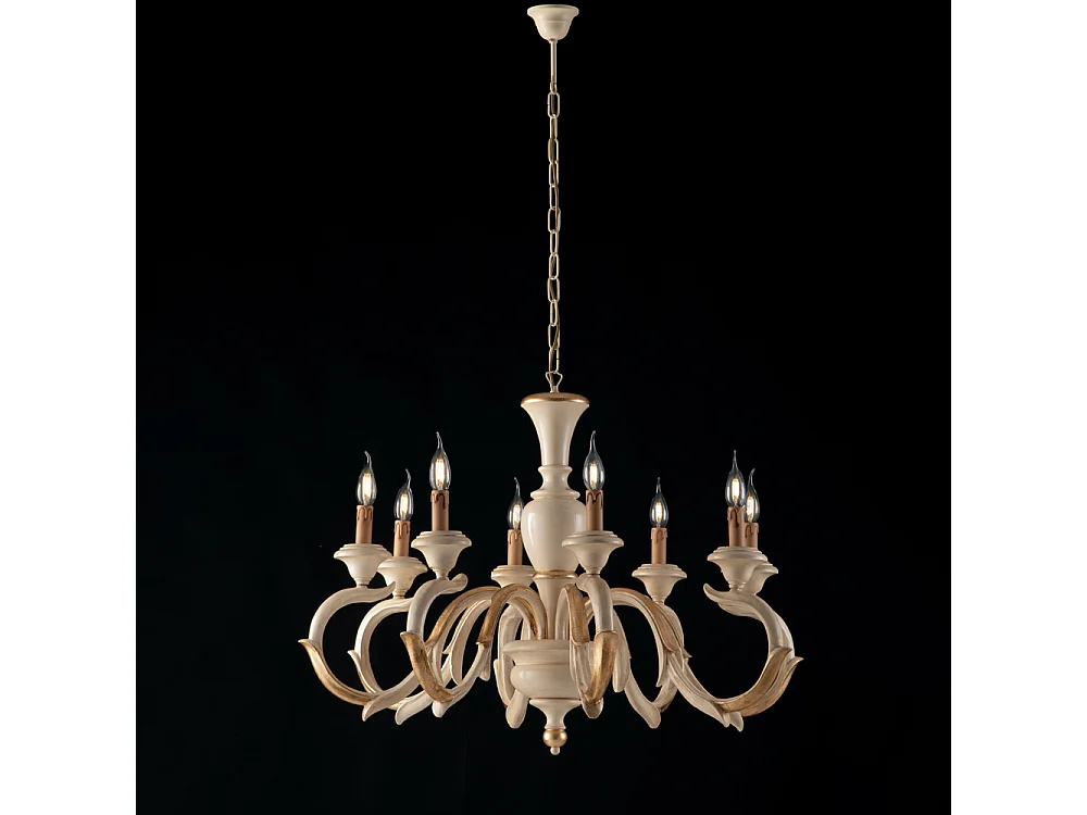 Lampadario Shabby Chic Fiorenza Legno Avorio Oro 8 Luci E14
