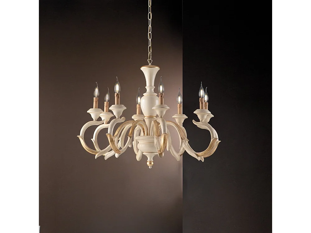 Lampadario Shabby Chic Fiorenza Legno Avorio Oro 8 Luci E14