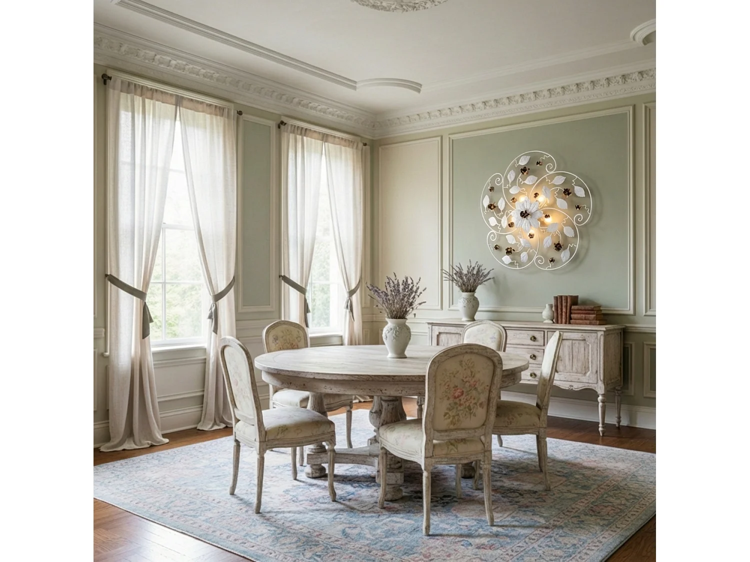 Bella Plafonnier Shabby en fer laqué blanc 5 lumières H.22 d.65 BL196-PL5-BCO