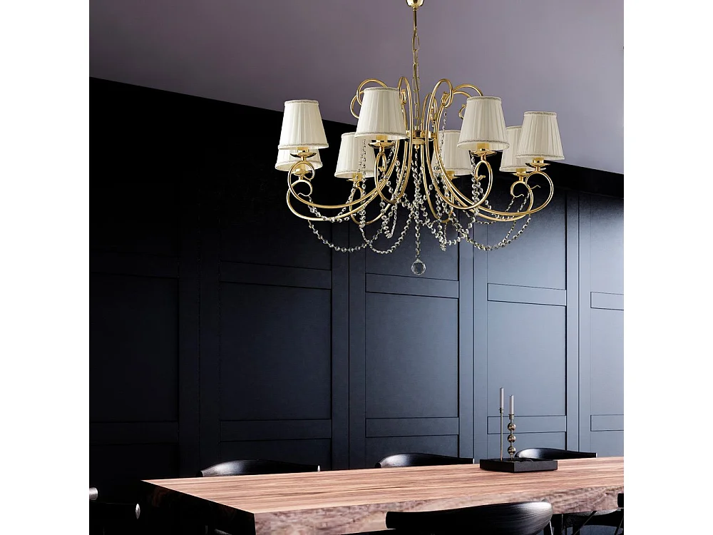 Żyrandol Magda w złoconym żelazie 8 świateł z abażurami 118 Ø78 BL146-8-OR-PAR