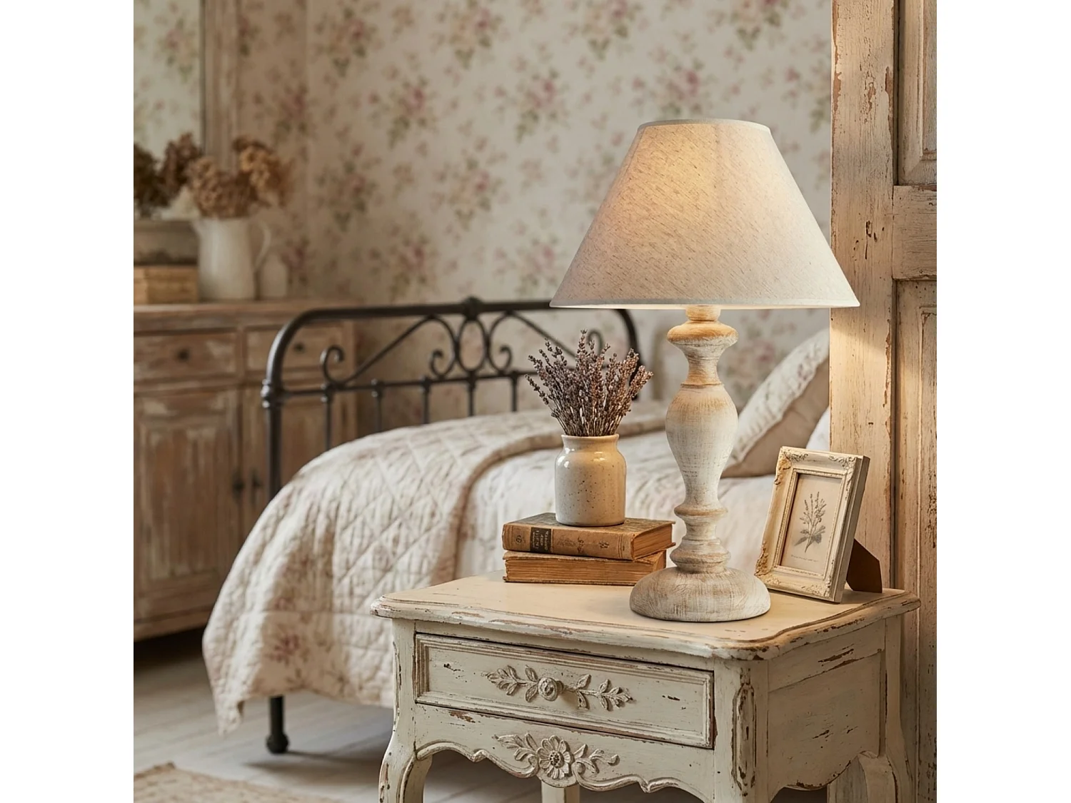 Bonetti Illumina -  Cascina - Weiße und taubengraue Holzlampe 1 Licht mit Lampenschirm Dm.35 H.57 - Ø35 - BL265-LM-BT