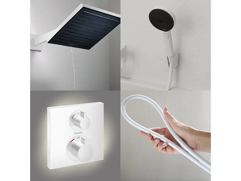 Colonne douche thermostatique HANSGROHE Ecostat Square Douche de tête Pulsify S Flexible Designflex Douchette Pulsify blanc mat