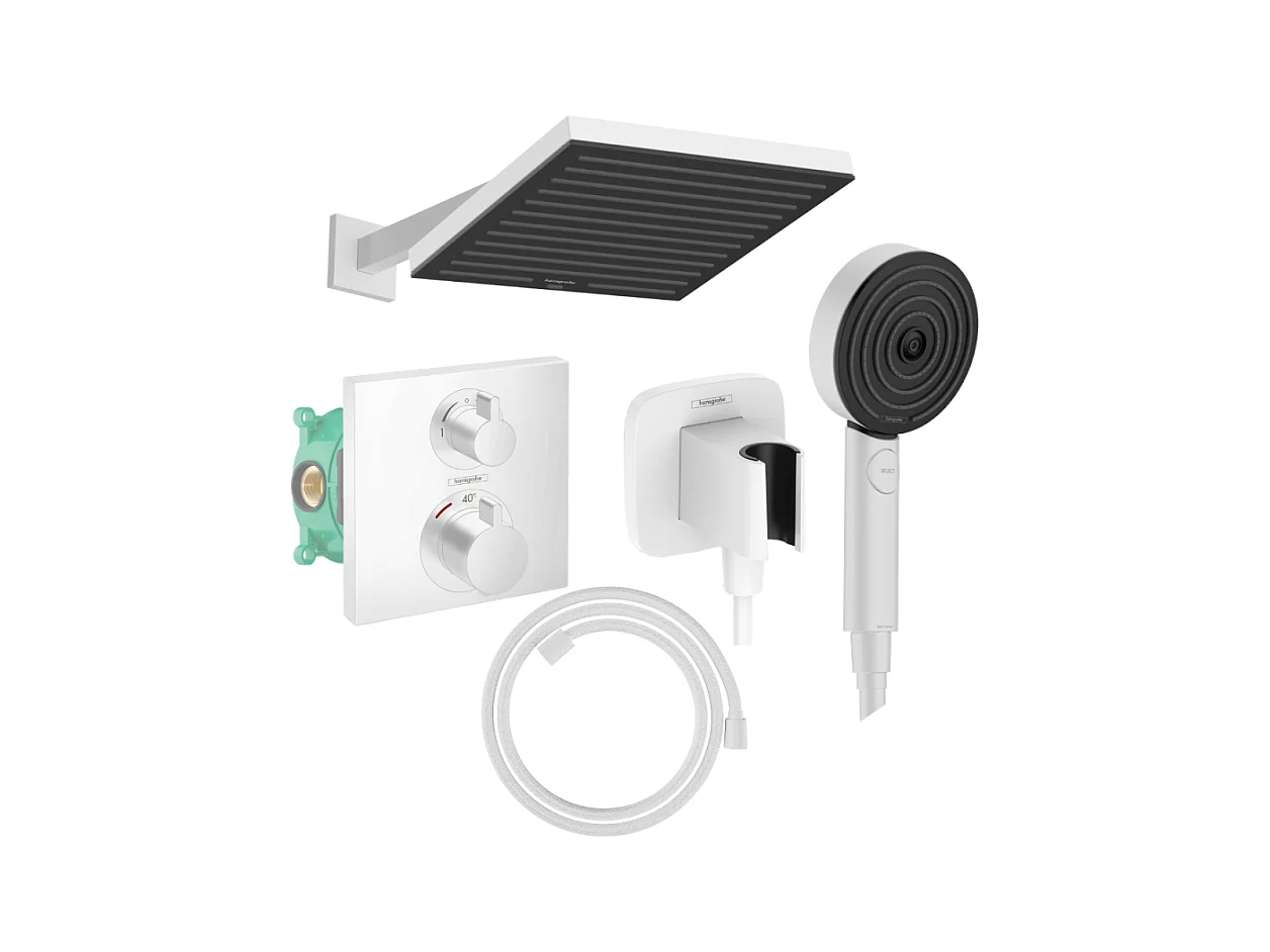 Colonne douche thermostatique HANSGROHE Ecostat Square Douche de tête Pulsify S Flexible Designflex Douchette Pulsify blanc mat