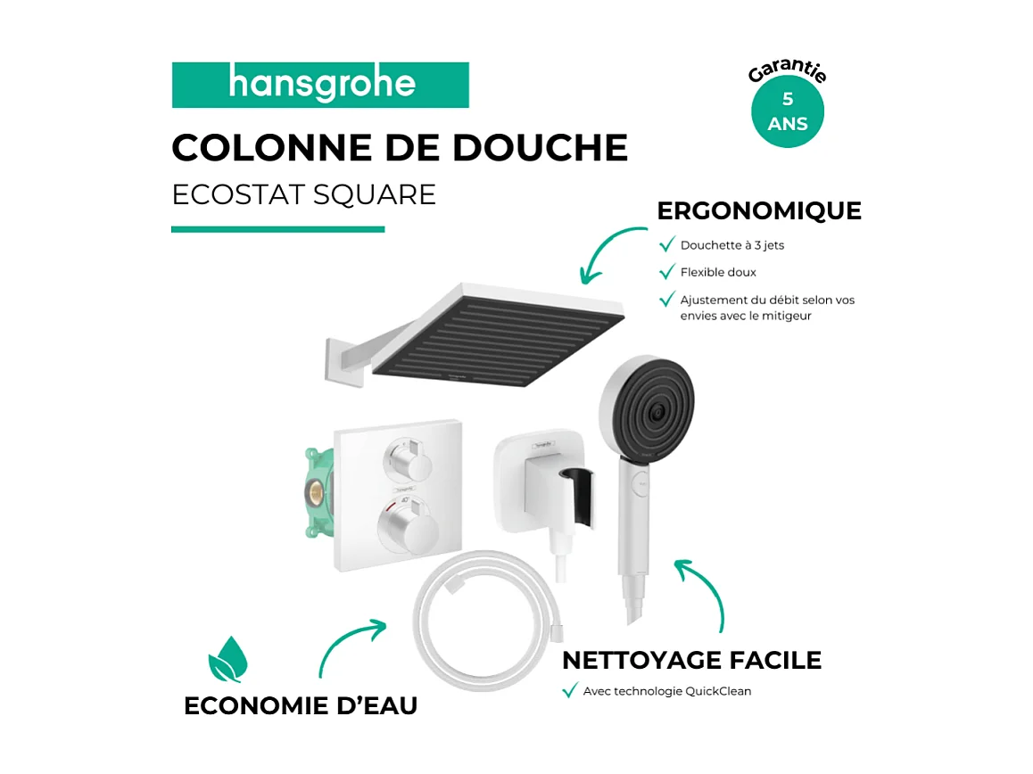 Colonne douche thermostatique HANSGROHE Ecostat Square Douche de tête Pulsify S Flexible Designflex Douchette Pulsify blanc mat