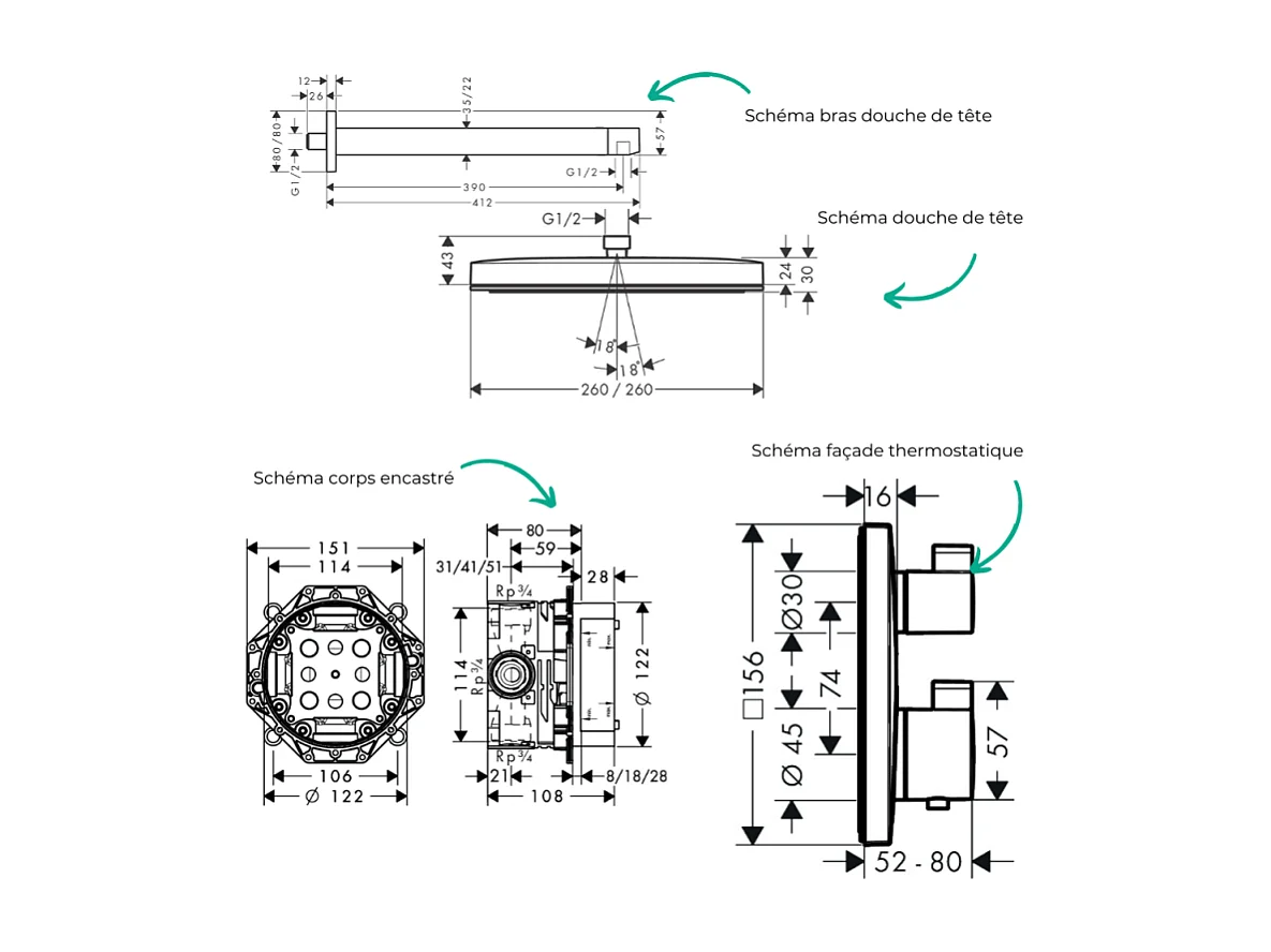 Colonne douche thermostatique HANSGROHE Ecostat Square Douche de tête Pulsify S Flexible Designflex Douchette Pulsify blanc mat
