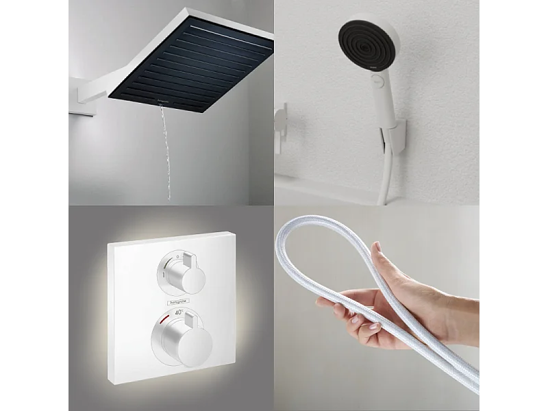 Colonne douche thermostatique HANSGROHE Ecostat Square Douche de tête Pulsify S Flexible Designflex Douchette Pulsify blanc mat