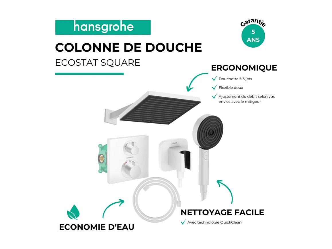 Colonne douche thermostatique HANSGROHE Ecostat Square Douche de tête Pulsify S Flexible Designflex Douchette Pulsify blanc mat