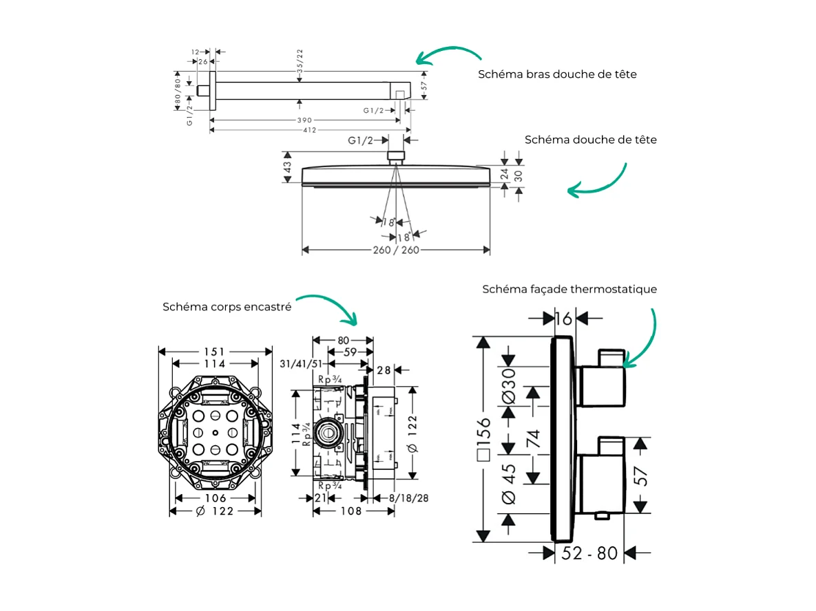 Colonne douche thermostatique HANSGROHE Ecostat Square Douche de tête Pulsify S Flexible Designflex Douchette Pulsify blanc mat