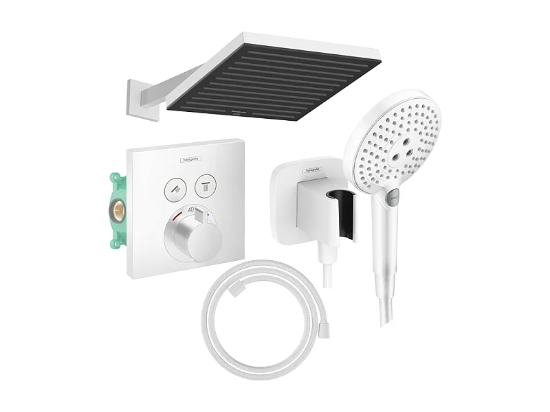 Colonne douche thermostatique HANSGROHE ShowerSelectE Douche de tête PulsifyS Flexible Designflex Douchette Raindance blanc