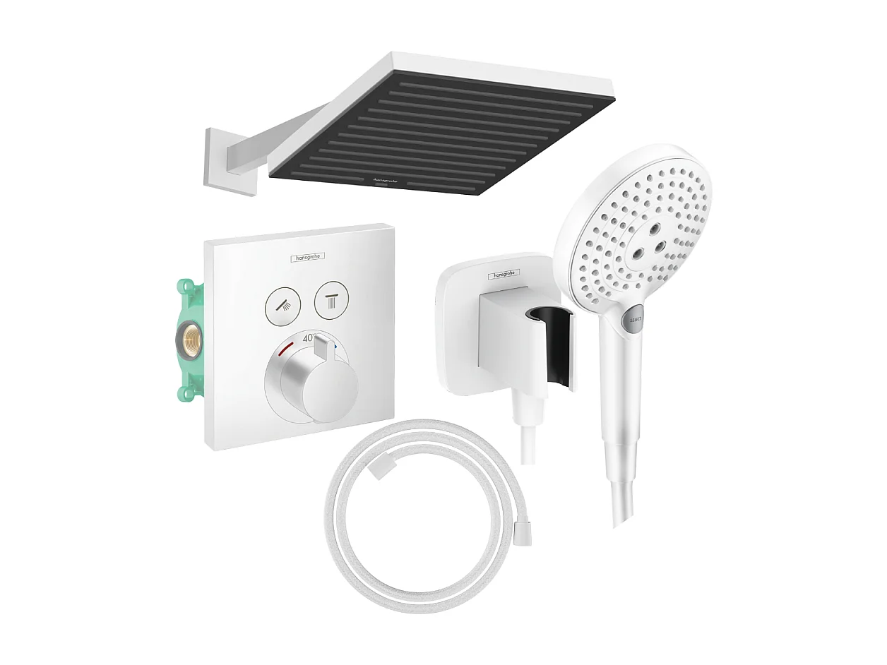 Colonne douche thermostatique HANSGROHE ShowerSelectE Douche de tête PulsifyS Flexible Designflex Douchette Raindance blanc