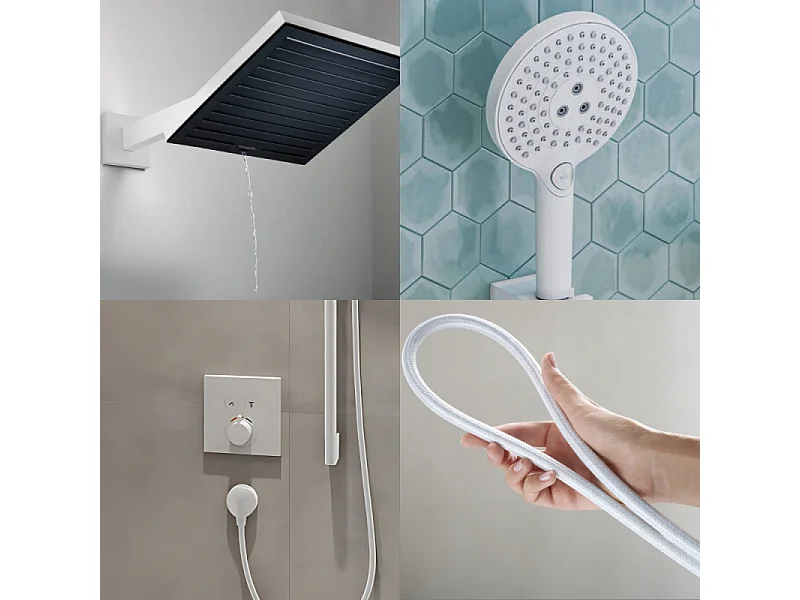 Colonne douche thermostatique HANSGROHE ShowerSelectE Douche de tête PulsifyS Flexible Designflex Douchette Raindance blanc
