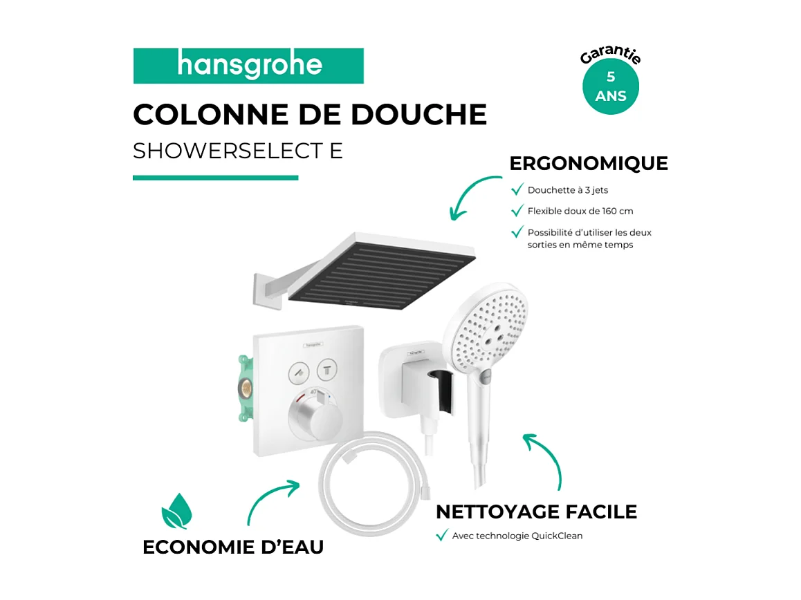 Colonne douche thermostatique HANSGROHE ShowerSelectE Douche de tête PulsifyS Flexible Designflex Douchette Raindance blanc
