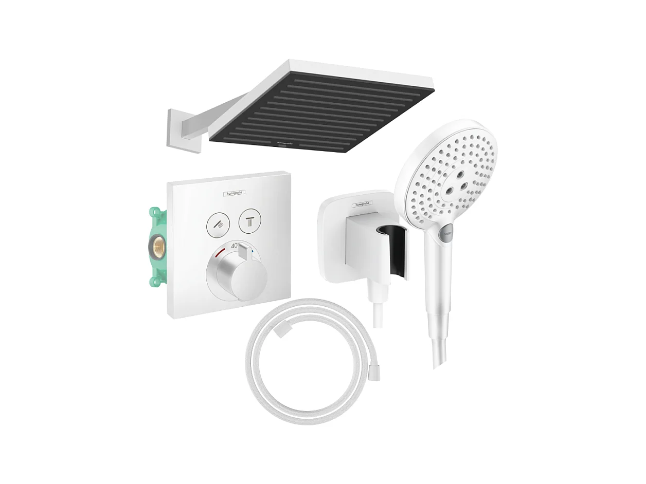 Colonne douche thermostatique HANSGROHE ShowerSelectE Douche de tête PulsifyS Flexible Designflex Douchette Raindance blanc