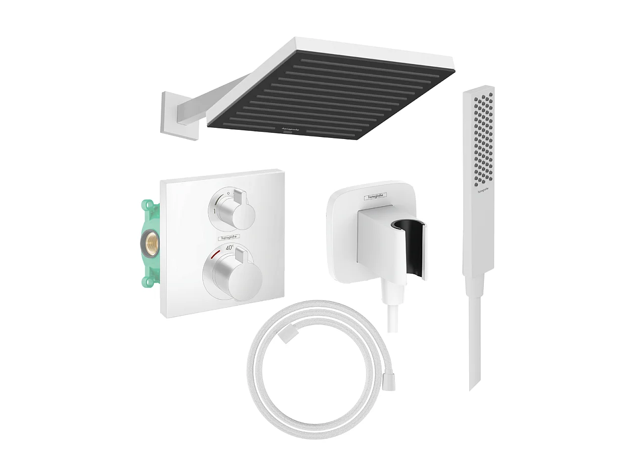 Colonne douche thermostatique HANSGROHE Ecostat Square Douche de tête Pulsify S Flexible Designflex Douchette Pulsify E  blanc mat