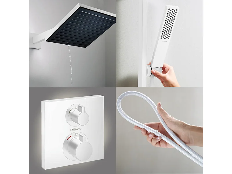 Colonne douche thermostatique HANSGROHE Ecostat Square Douche de tête Pulsify S Flexible Designflex Douchette Pulsify E  blanc mat