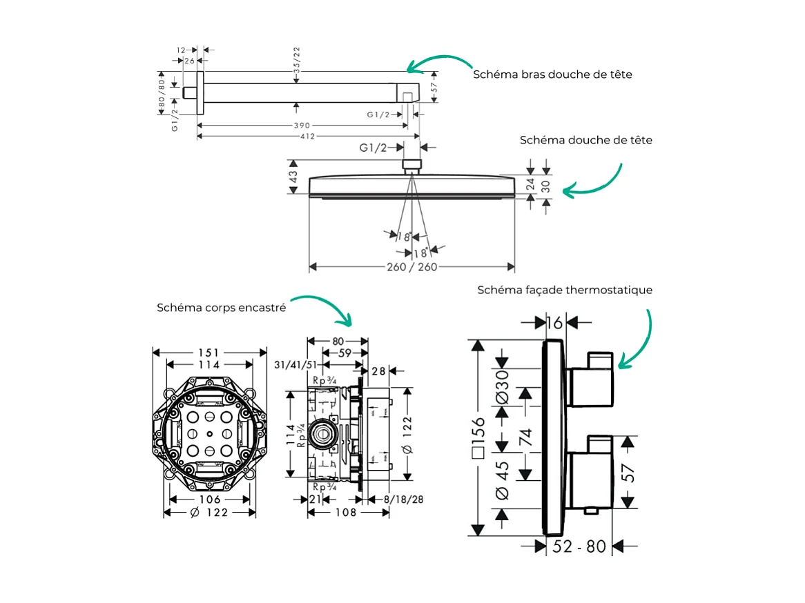 Colonne douche thermostatique HANSGROHE Ecostat Square Douche de tête Pulsify S Flexible Designflex Douchette Pulsify E  blanc mat