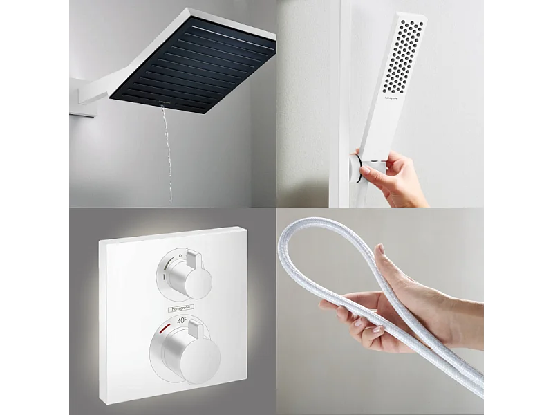 Colonne douche thermostatique HANSGROHE Ecostat Square Douche de tête Pulsify S Flexible Designflex Douchette Pulsify E  blanc mat