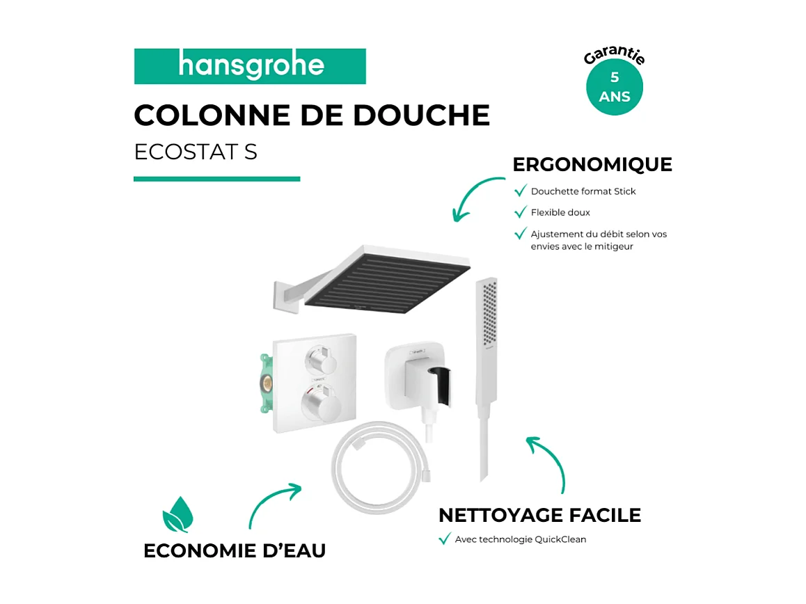 Colonne douche thermostatique HANSGROHE Ecostat Square Douche de tête Pulsify S Flexible Designflex Douchette Pulsify E  blanc mat