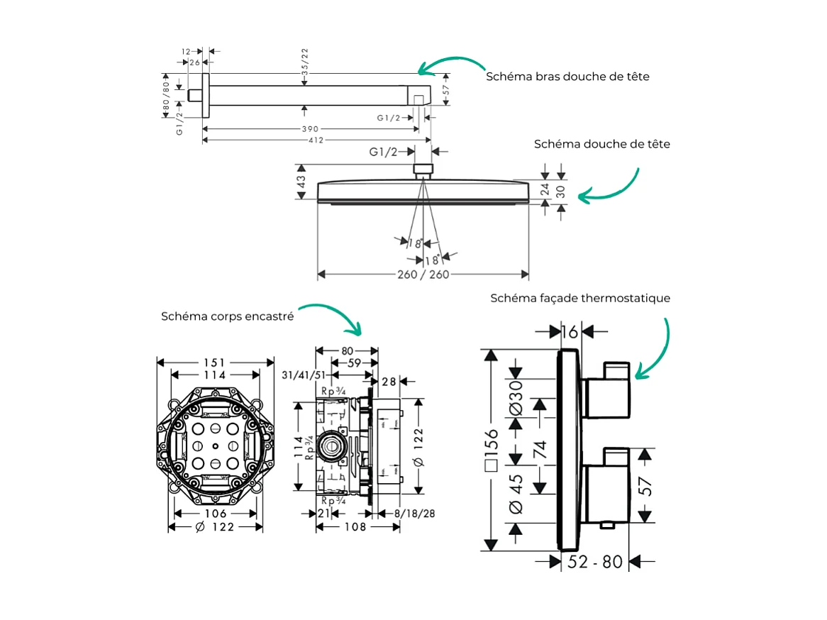 Colonne douche thermostatique HANSGROHE Ecostat Square Douche de tête Pulsify S Flexible Designflex Douchette Pulsify E  blanc mat