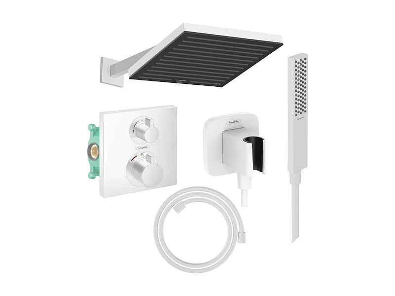 Colonne douche thermostatique HANSGROHE Ecostat Square Douche de tête Pulsify S Flexible Designflex Douchette Pulsify E  blanc mat