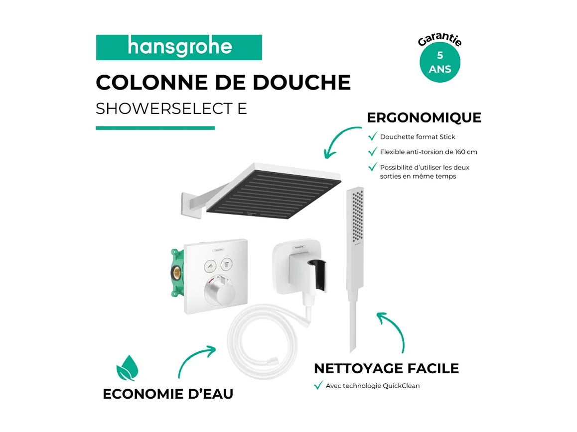 Colonne douche thermostatique HANSGROHE ShowerSelect E Douche de tête Pulsify S Flexible Isiflex Douchette Pulsify E  blanc mat