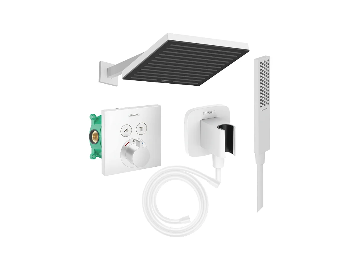 Colonne douche thermostatique HANSGROHE ShowerSelect E Douche de tête Pulsify S Flexible Isiflex Douchette Pulsify E  blanc mat