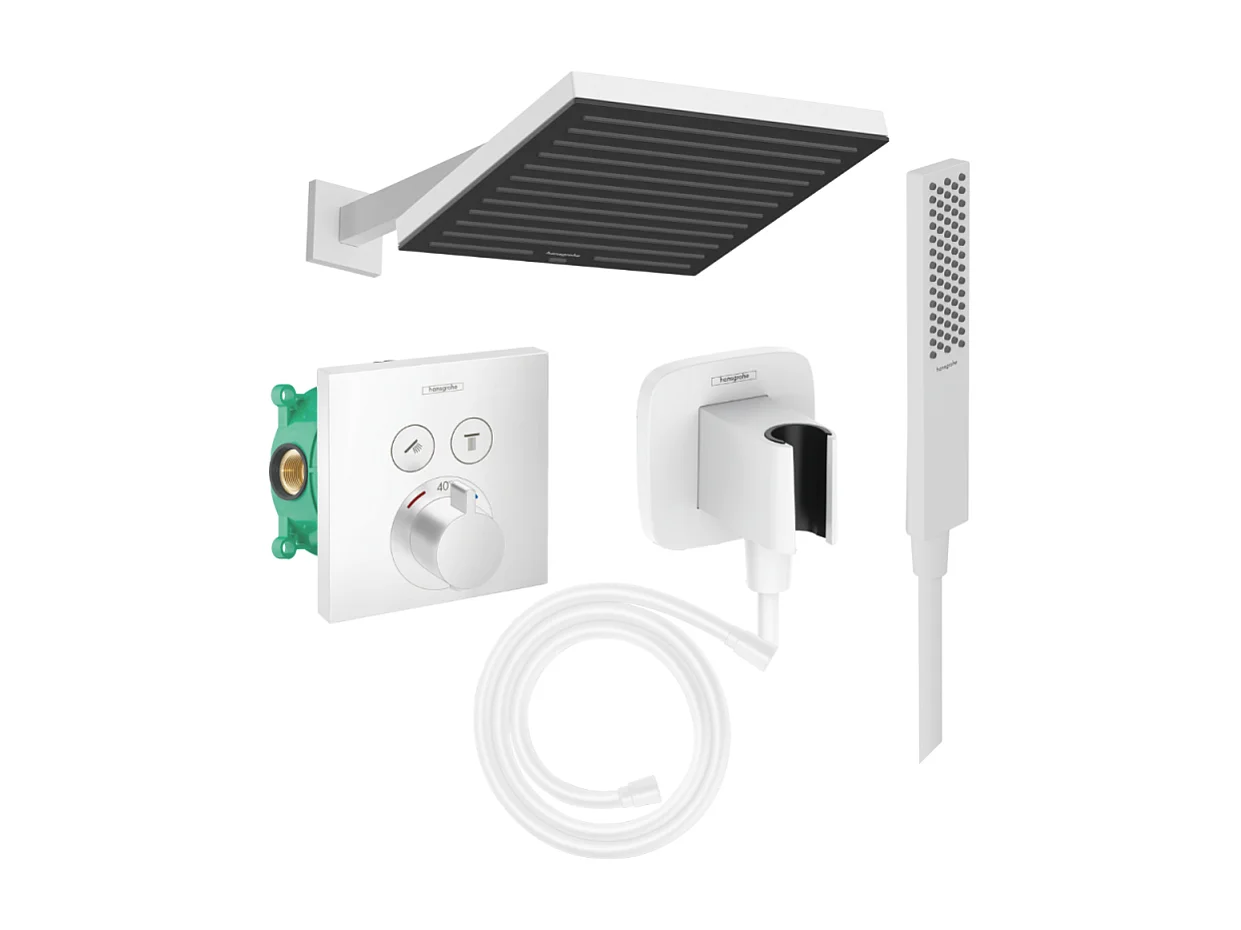 Colonne douche thermostatique HANSGROHE ShowerSelect E Douche de tête Pulsify S Flexible Isiflex Douchette Pulsify E  blanc mat