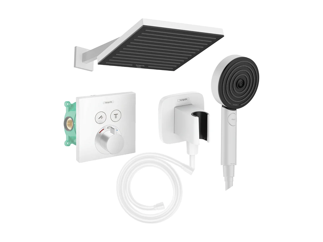 Colonne douche thermostatique HANSGROHE ShowerSelect E Douche de tête Pulsify S Flexible Isiflex Douchette Pulsify blanc mat