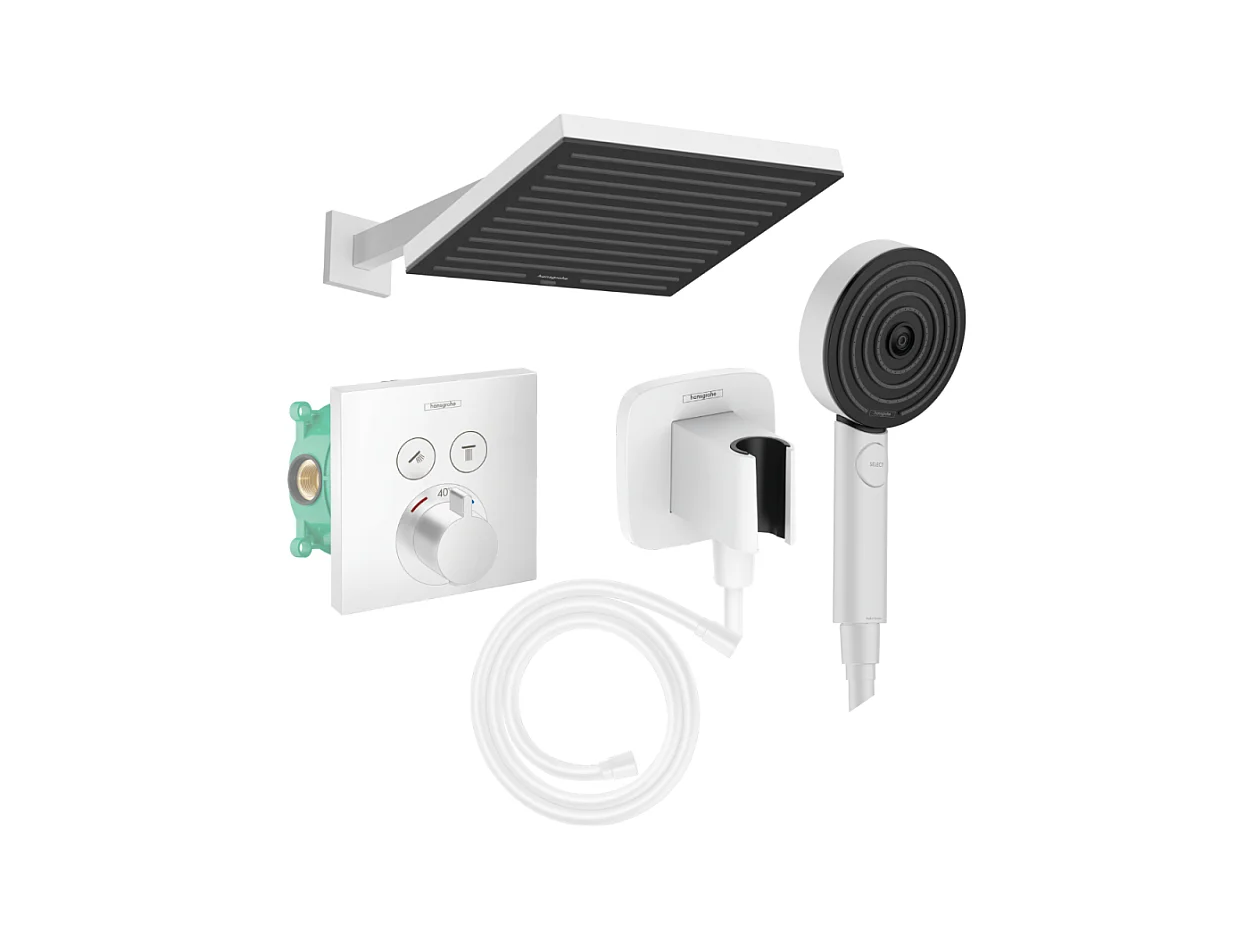 Colonne douche thermostatique HANSGROHE ShowerSelect E Douche de tête Pulsify S Flexible Isiflex Douchette Pulsify blanc mat