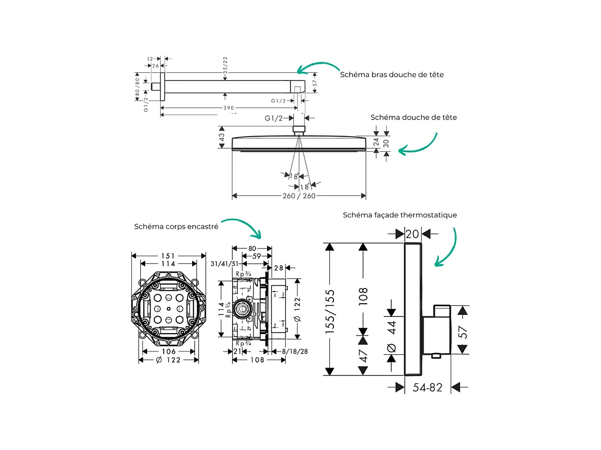 Colonne douche thermostatique HANSGROHE ShowerSelect E Douche de tête Pulsify S Flexible Isiflex Douchette Pulsify blanc mat