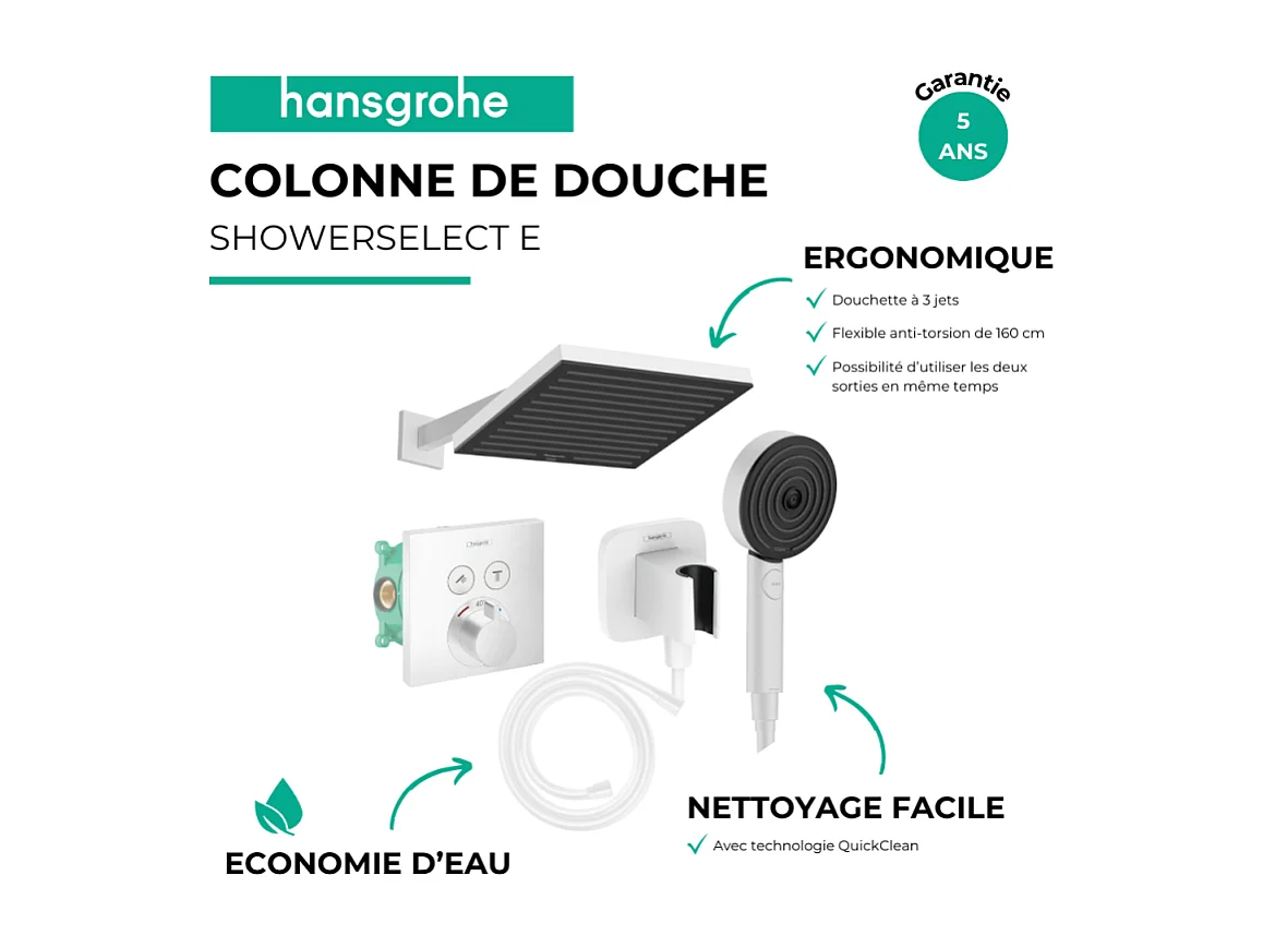 Colonne douche thermostatique HANSGROHE ShowerSelect E Douche de tête Pulsify S Flexible Isiflex Douchette Pulsify blanc mat