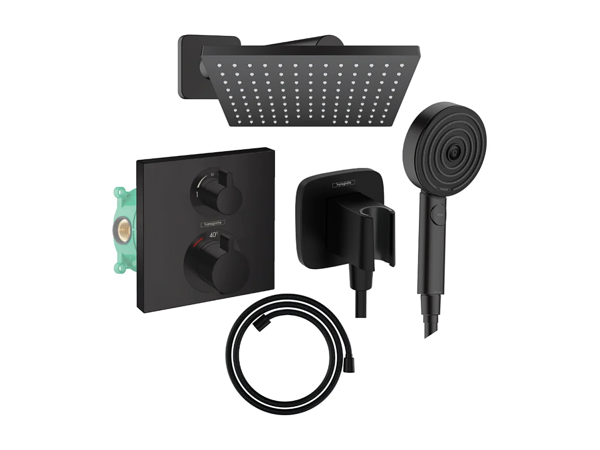 Colonne douche thermostatique HANSGROHE Ecostat Square Douche de tête Vernis Shape Flexible Designflex Douchette Pulsify noir mat