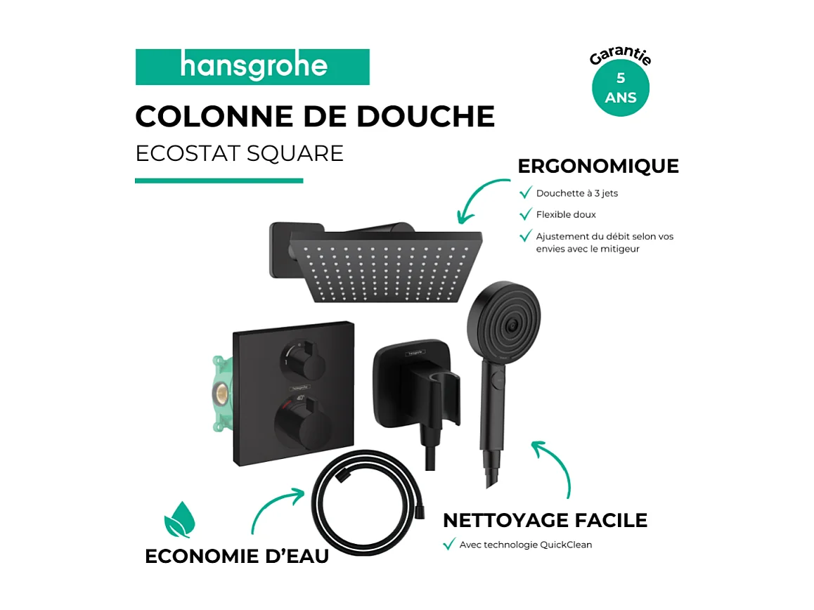 Colonne douche thermostatique HANSGROHE Ecostat Square Douche de tête Vernis Shape Flexible Designflex Douchette Pulsify noir mat