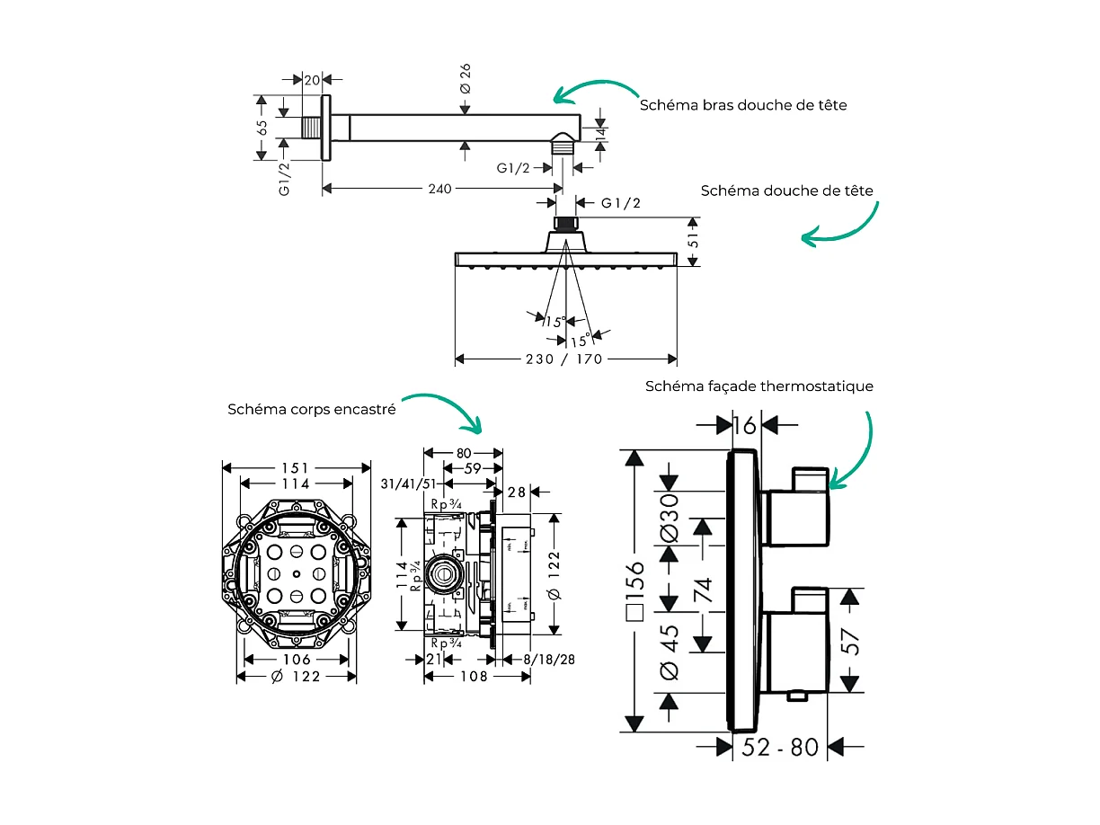 Colonne douche thermostatique HANSGROHE Ecostat Square Douche de tête Vernis Shape Flexible Designflex Douchette Pulsify noir mat