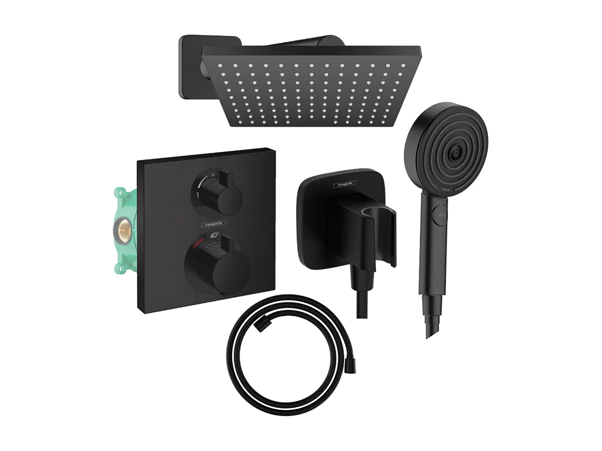 Colonne douche thermostatique HANSGROHE Ecostat Square Douche de tête Vernis Shape Flexible Designflex Douchette Pulsify noir mat