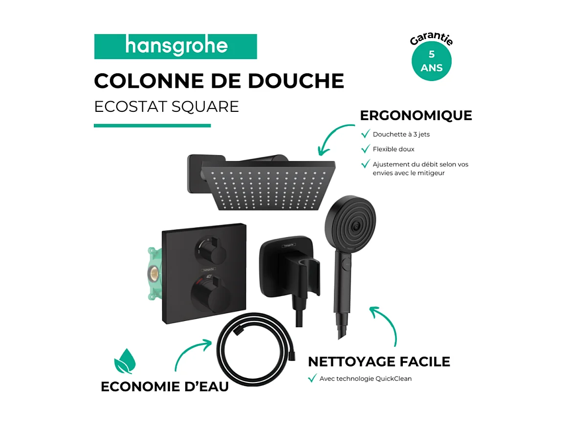 Colonne douche thermostatique HANSGROHE Ecostat Square Douche de tête Vernis Shape Flexible Designflex Douchette Pulsify noir mat