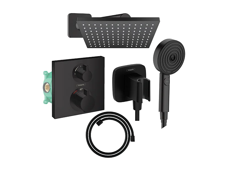 Colonne douche thermostatique HANSGROHE Ecostat Square Douche de tête Vernis Shape Flexible Designflex Douchette Pulsify noir mat