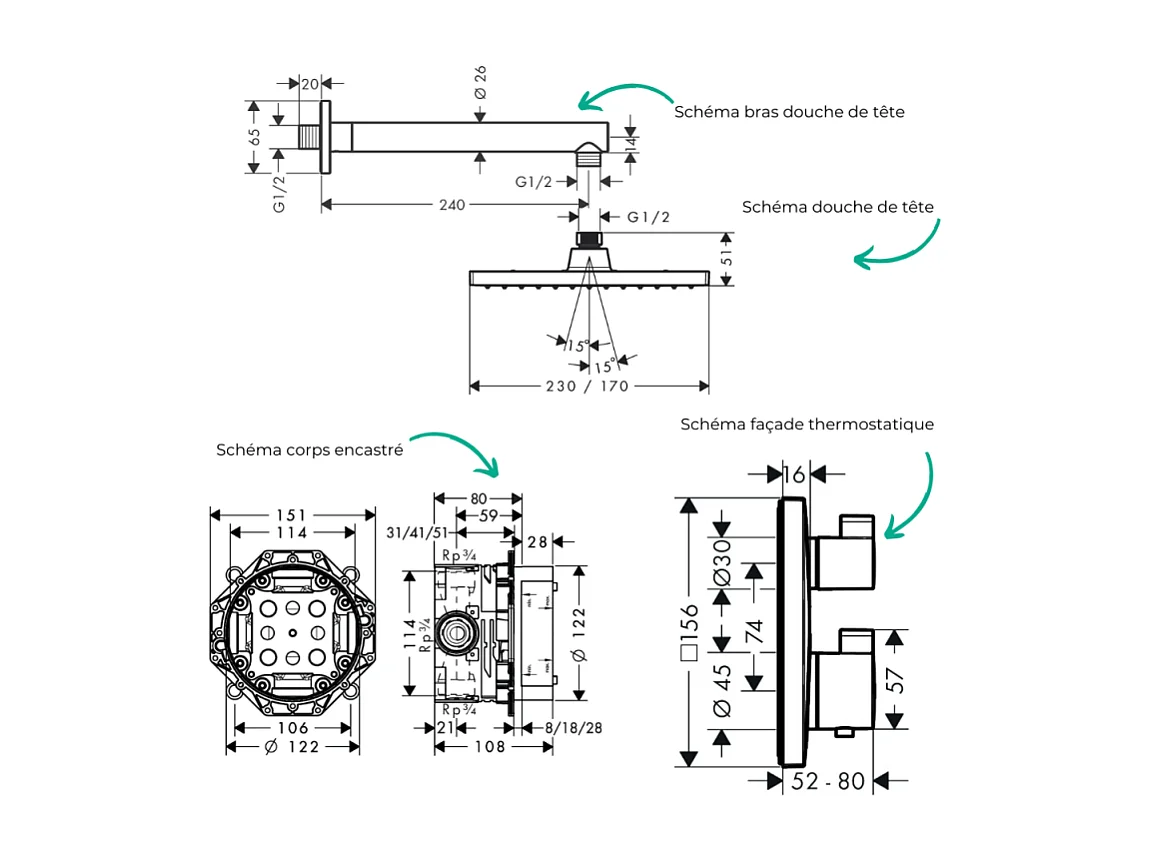 Colonne douche thermostatique HANSGROHE Ecostat Square Douche de tête Vernis Flexible Designflex Douchette Raindance SelectS noir
