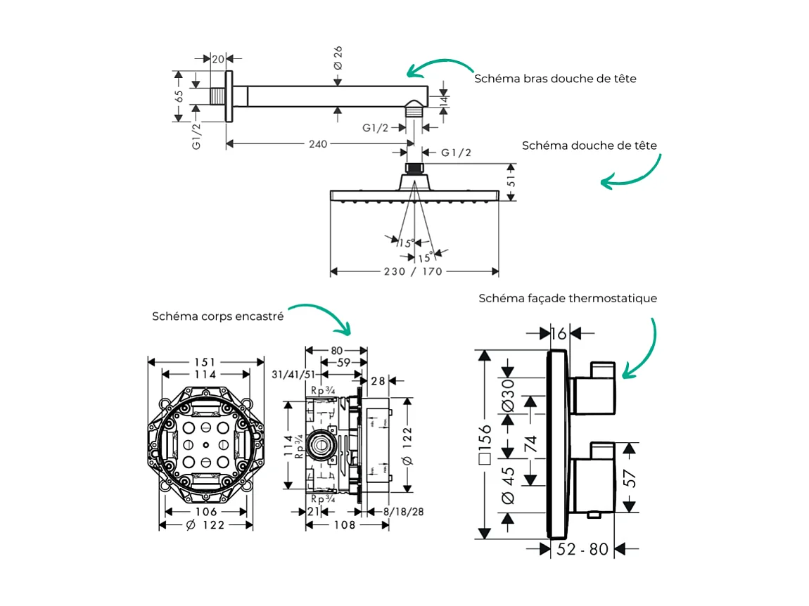 Colonne douche thermostatique HANSGROHE Ecostat Square Douche de tête Vernis Flexible Designflex Douchette Raindance SelectS noir