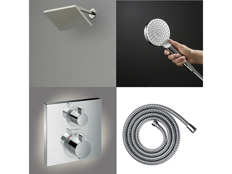 Colonne douche thermostatique HANSGROHE Ecostat Square Douche de tête Vernis Shape Flexible Metaflex Douchette Crometta chromé
