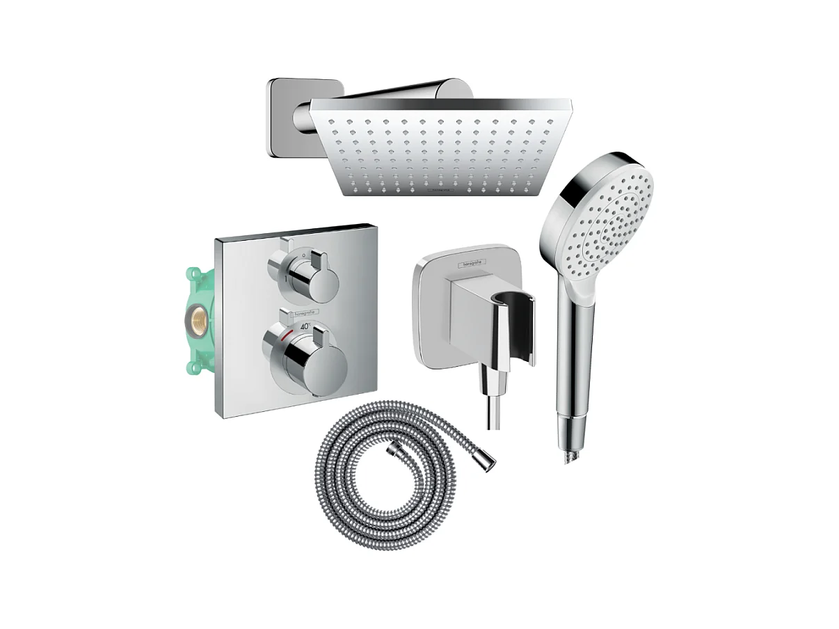 Colonne douche thermostatique HANSGROHE Ecostat Square Douche de tête Vernis Shape Flexible Metaflex Douchette Crometta chromé