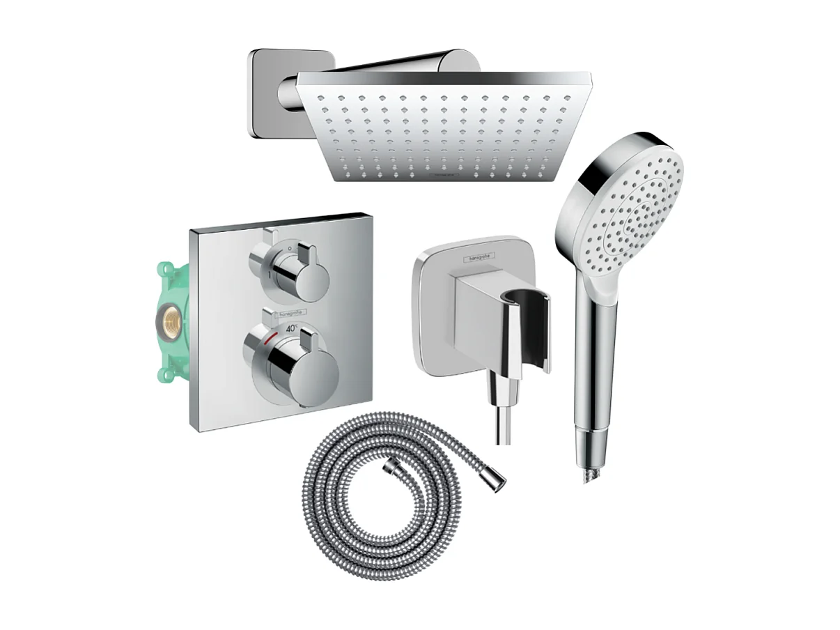 Colonne douche thermostatique HANSGROHE Ecostat Square Douche de tête Vernis Shape Flexible Metaflex Douchette Crometta chromé