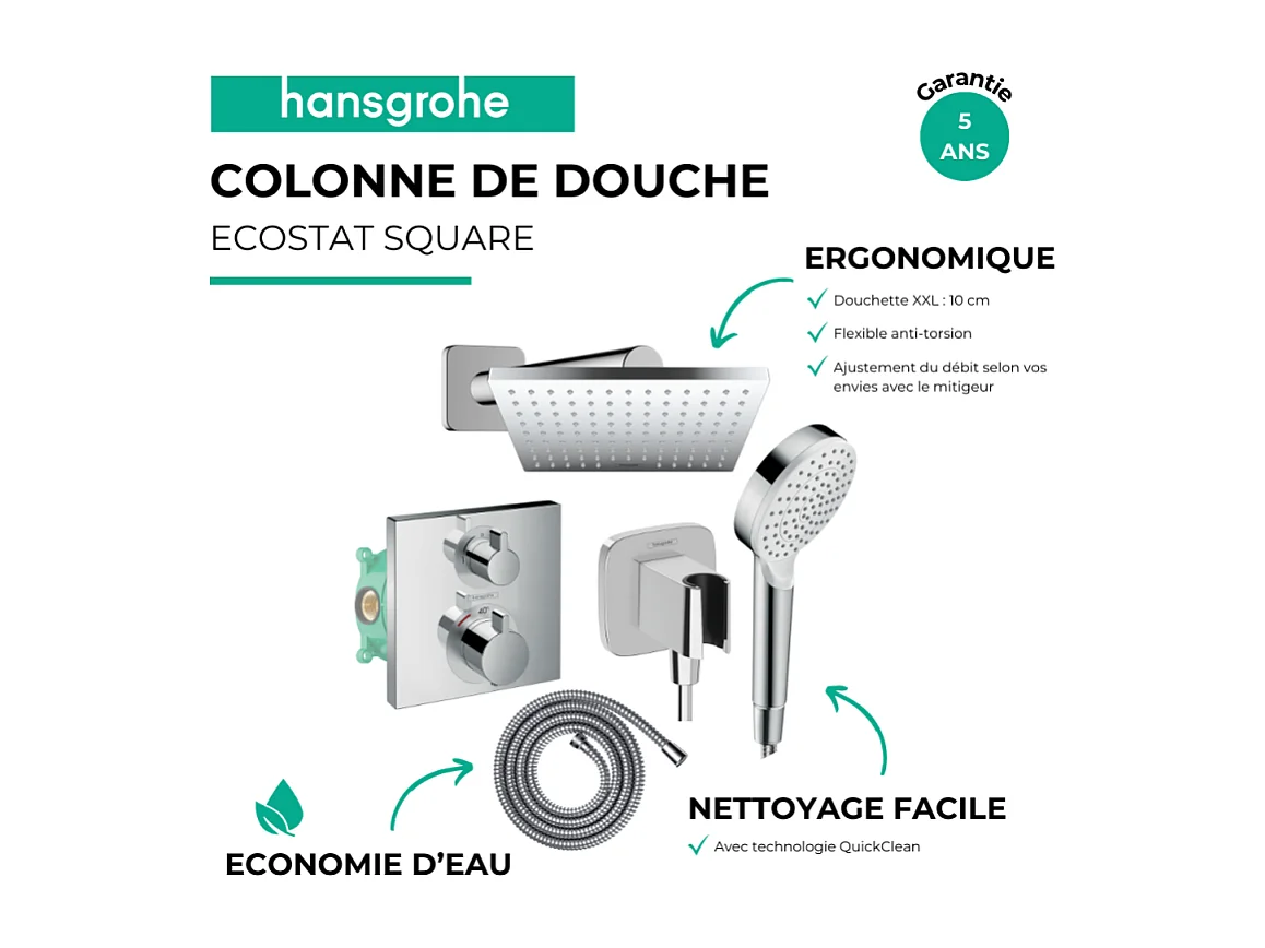 Colonne douche thermostatique HANSGROHE Ecostat Square Douche de tête Vernis Shape Flexible Metaflex Douchette Crometta chromé
