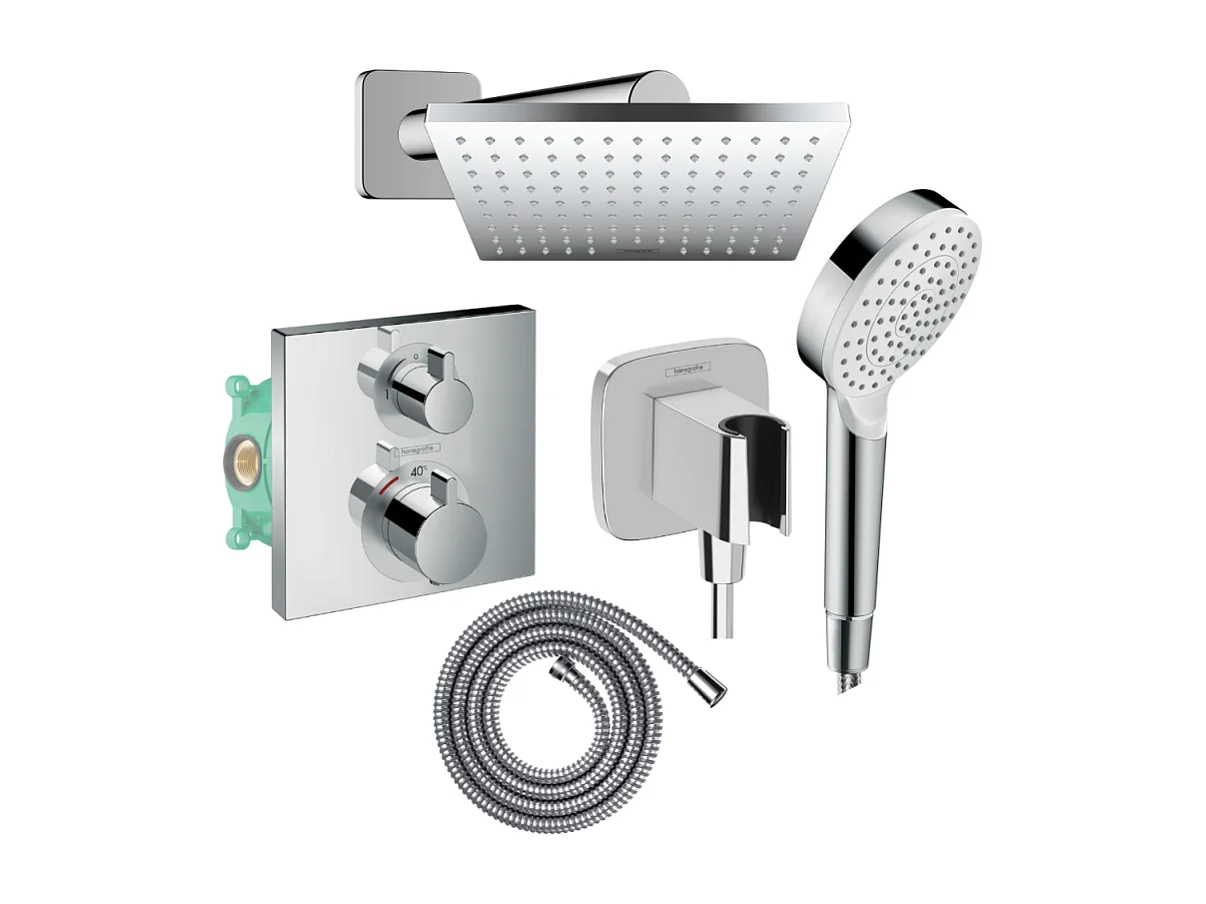 Colonne douche thermostatique HANSGROHE Ecostat Square Douche de tête Vernis Shape Flexible Metaflex Douchette Crometta chromé